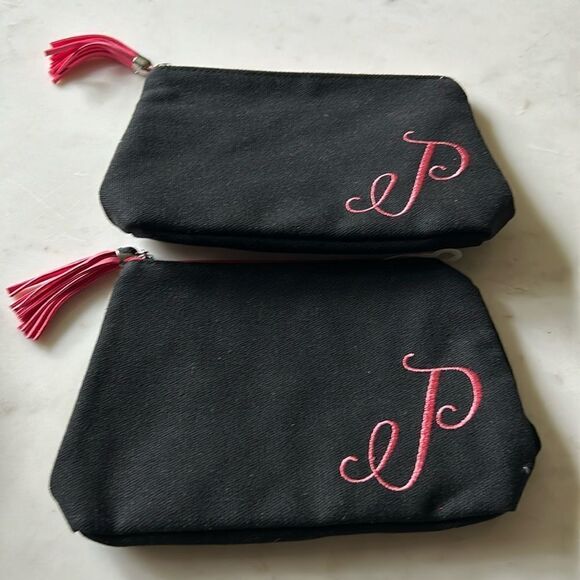 New 2 black canvas pink tassel monogram initial P make up travel bags - Picture 1 of 4